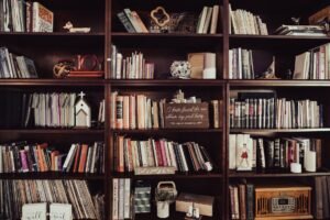 A cozy library shelf of books, representing a free library of meditation scripts to explore