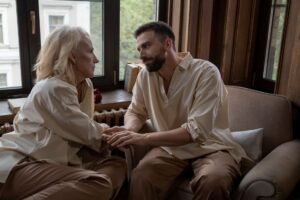 Two people having an empathetic conversation, practicing nonviolent communication