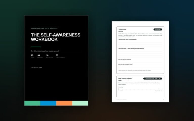The Self-Awareness Workbook, open beside one of its exercise pages